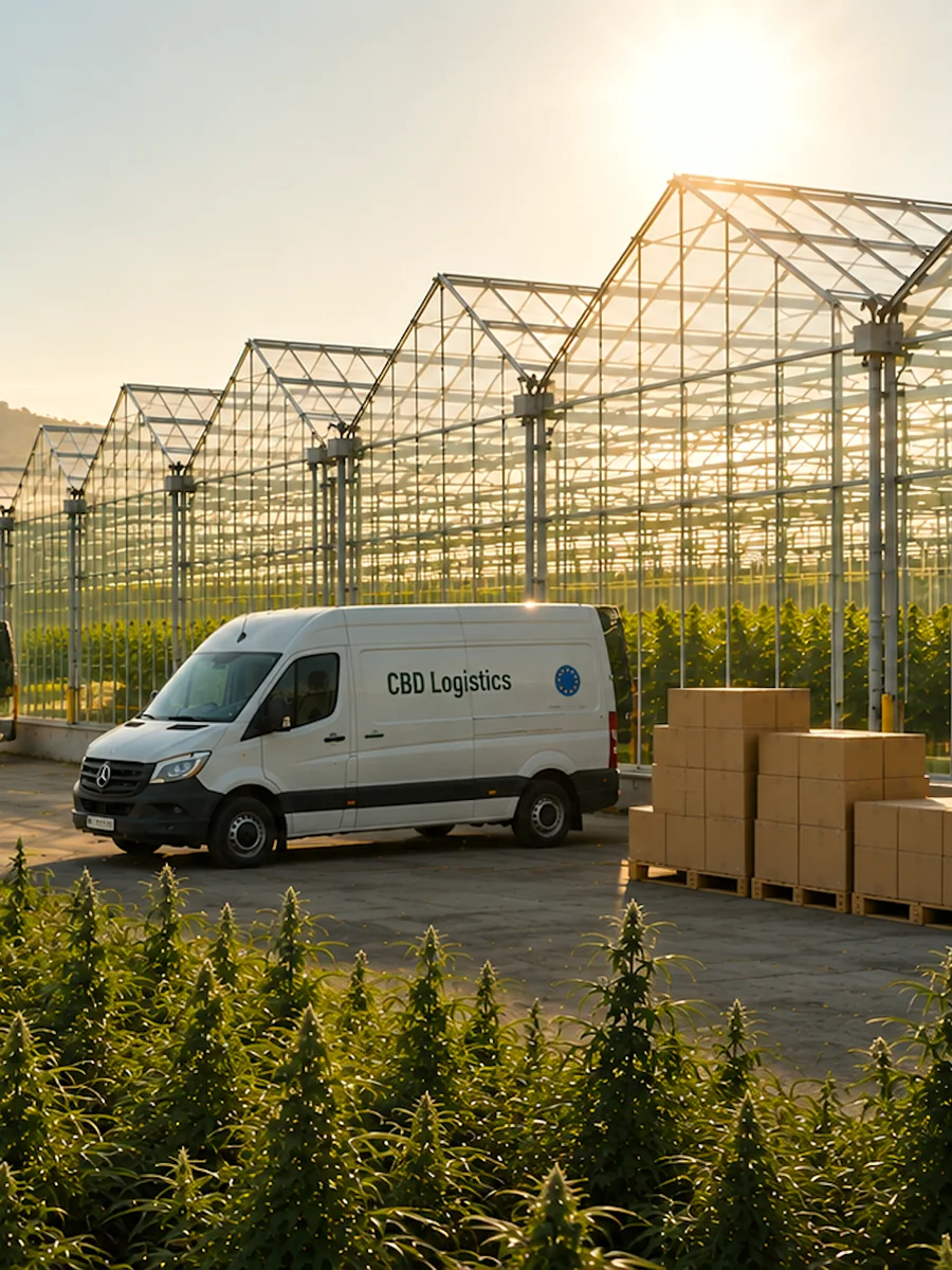 Couverture du catalogue de gros de chanvre CBD Logistics Europe, camionnettes de livraison et entrepôt