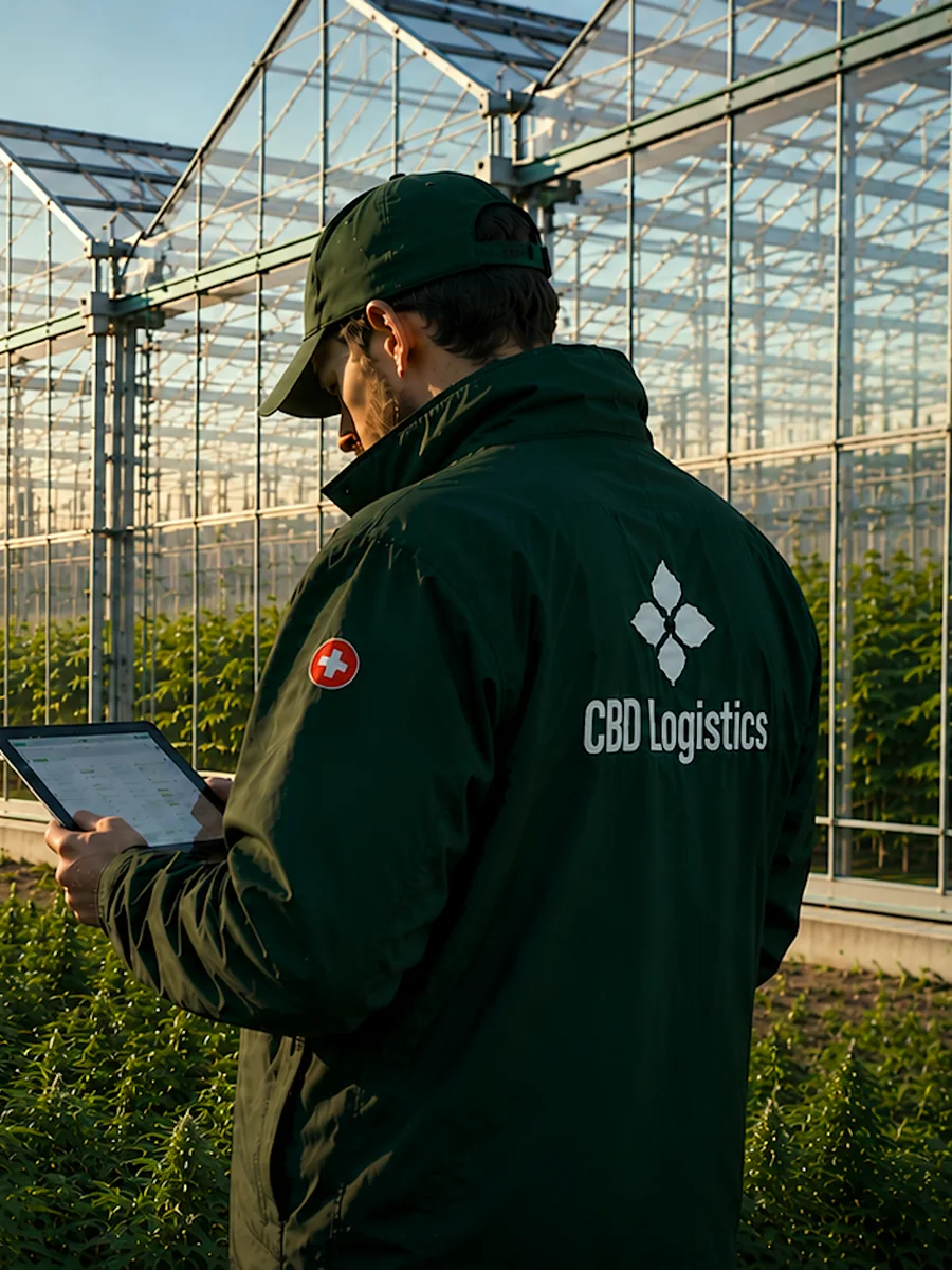 Couverture du catalogue de gros de chanvre CBD Logistics Switzerland, technicien dans la serre