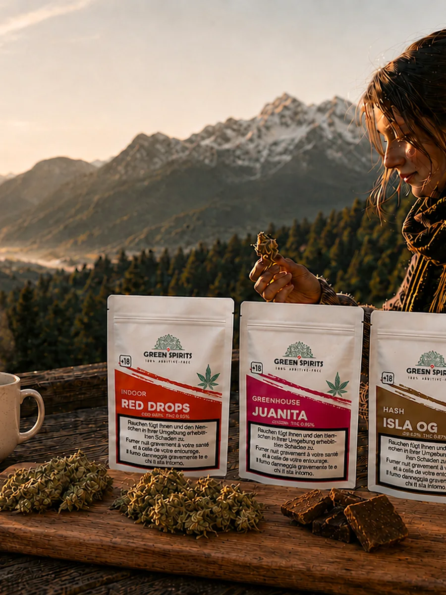 Couverture du catalogue premium CBD et CBG Green Spirits Switzerland avec sachets de fleurs de chanvre