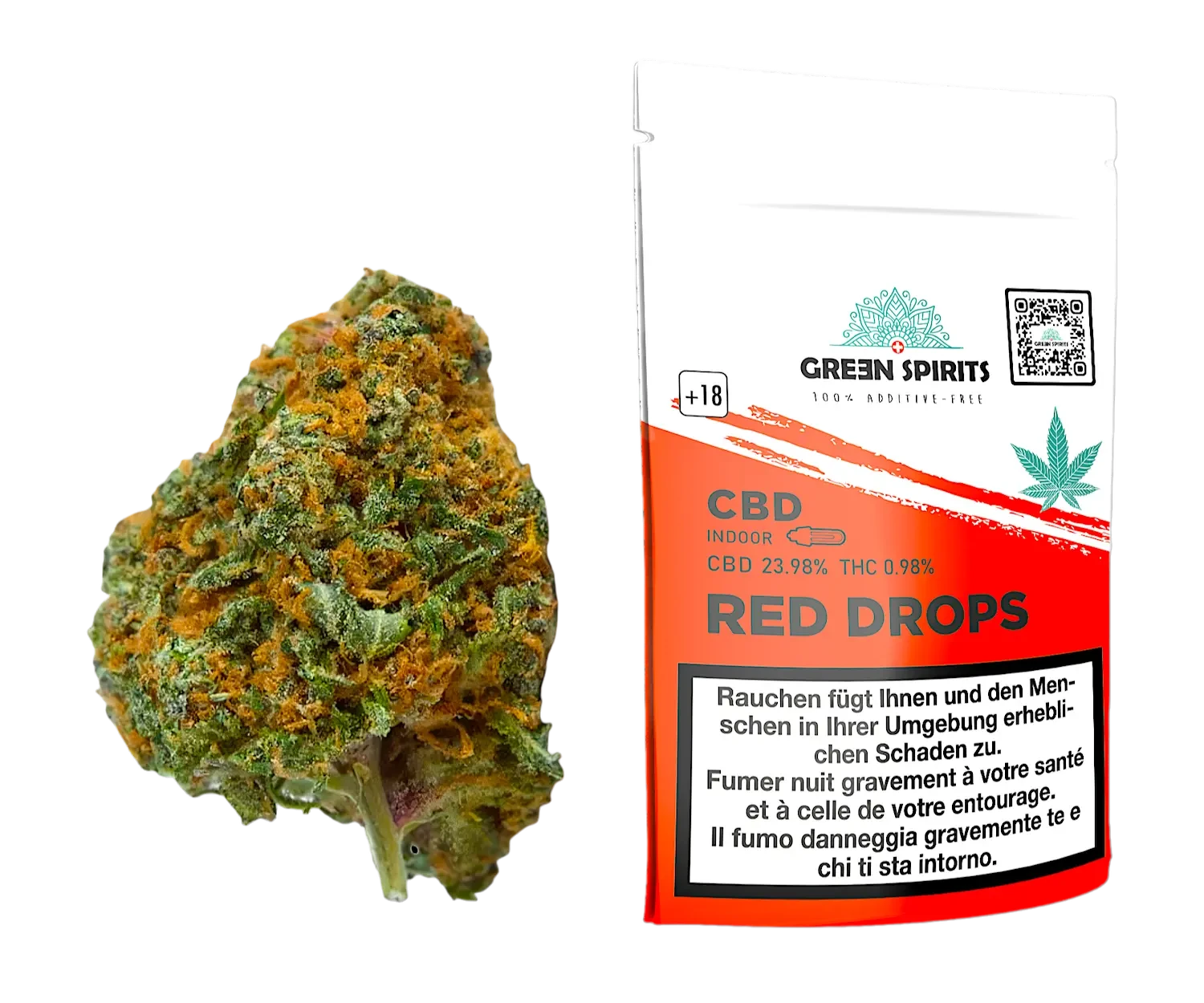 Fleur de chanvre CBD Red Drops et sachet de vente Green Spirits Switzerland