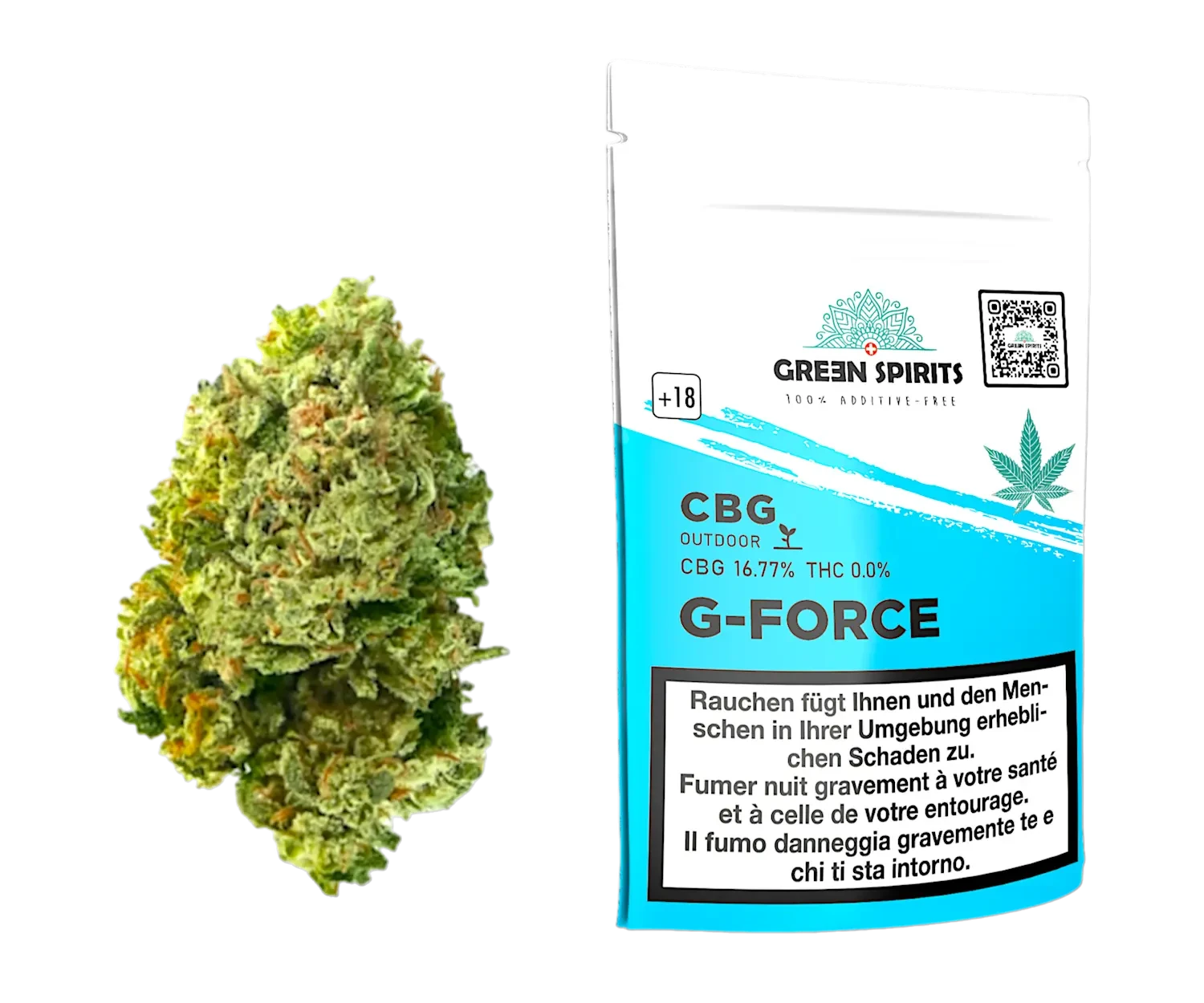 Fleur de chanvre CBG G-Force et sachet de vente Green Spirits Europe